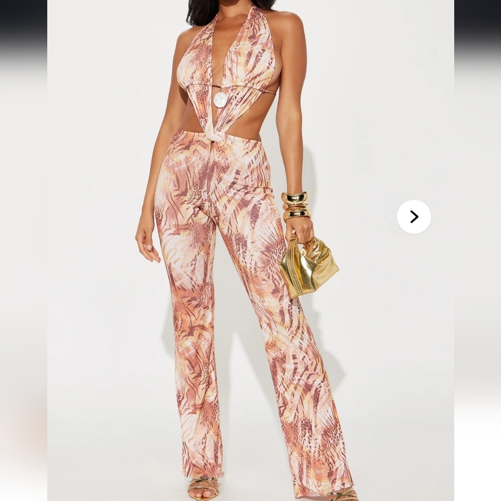 Fashion Nova Pink Tan Abstract Halter Cutout Jumpsuit
